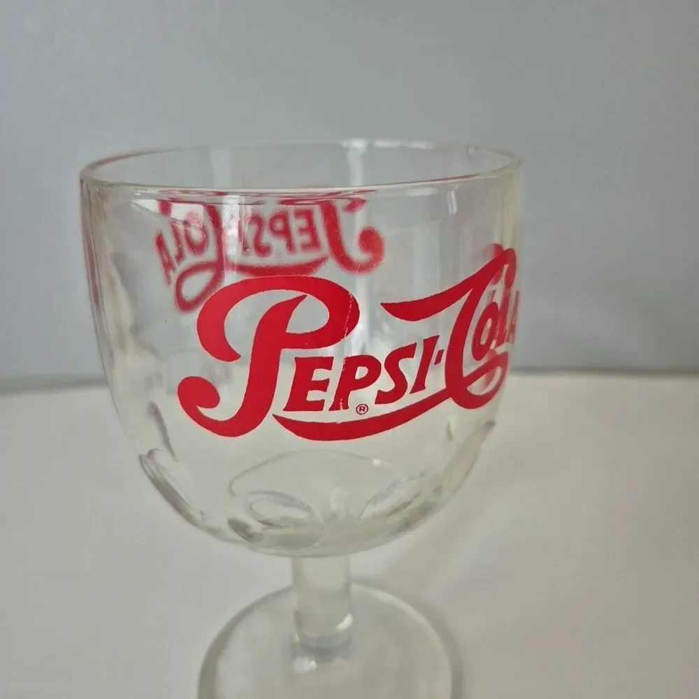 Pepsi Cola VTG Thick Clear Thumbprint Goblet Red Script Logo Pedestal Glass 16OZ
